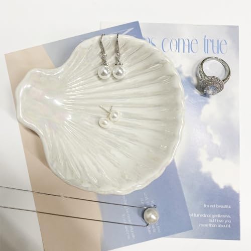 Ring Dish Shell Shape Ceramic Jewelry Dish Tray, Decorative Trinket Dish Organizing Rings Earrings Necklaces Keys, Mothers Day Christmas Birthday Gifts for Women, 3.9", White Iridescent Surface - Image 5