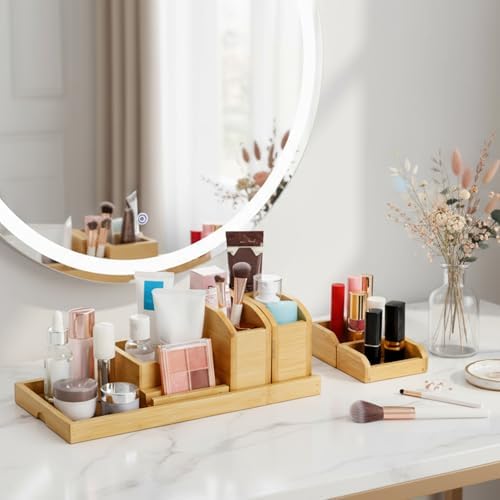 Cididu Bamboo Vanity Tray, 7 Pieces Adjustable Pen Holder Stationery Caddy - Image 5