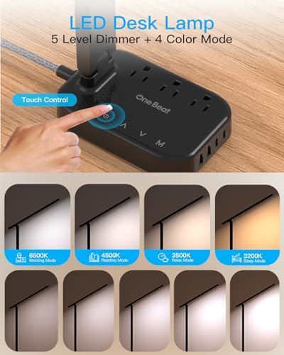 LED Desk Lamp Power Strip with 4 USB 3 Outlets, Dorm Room Essentials, Black - Image 3
