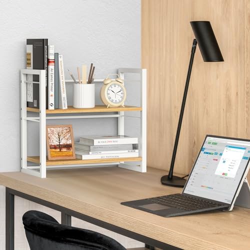 Office Desk Shelf Organizer, Wood Desktop Bookshelf Supplies Storage Rack, Shelf for Top of Desk and Dresser (White-2 Tier) - Image 2