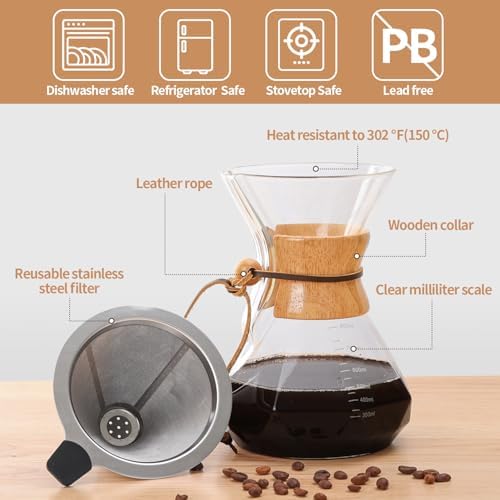 Pour Over Coffee Maker 27 OZ, 8 Cup Borosilicate Glass Drip Coffee Maker with Reusable Stainless Steel Filter and Cork Grip for Home Café 800 ML (Diamond Shape) - Image 6