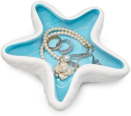 Starfish Jewelry Dish for Coastal Bathroom Decor, Ceramic Trinket Tray and Ring Holder with Glossy Blue Glaze, Beach Decor for Bedroom or Guest Room, Gift for Women by Unknown