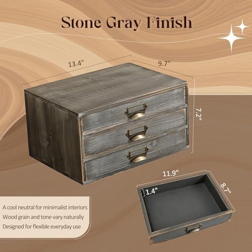 Stackable Modular Desktop Drawer Organizer, Solid Wood Grey 3-Drawer Storage Unit with Label Pull Handles, Stone Gray Japandi Style, Expandable by Adding More Units for Clutter-Free Spaces - Image 2