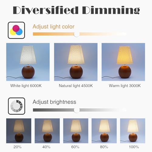 Vintage Wooden Night Lamp, Wood Base Fabric Lampshade, Adjustable Light Color and Brightness with Power-Off Memory, Safe USB Powered, Retro LED Table Light for Bedroom Living Room Office (Flax Yellow) - Image 3