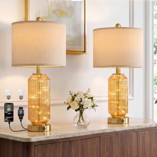 Oneach 24.5" Bedside Table Lamps Set of 2, Amber Glass Lamp with Nightlight by Oneach