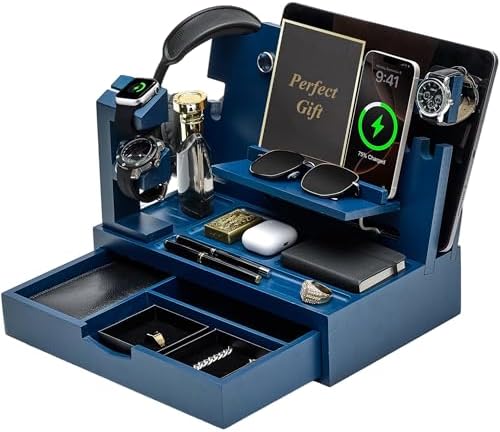 Nightstand Organizer for Men with Large Drawer Gift for Men, Blue by KWYADLUO