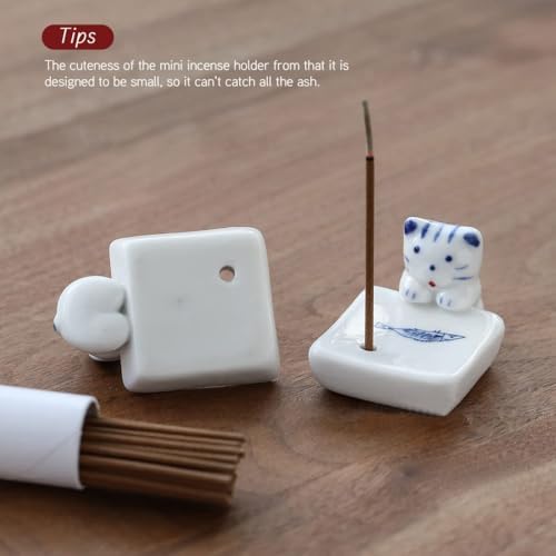 Set of 2, Japanese Mini Cute Kitty Cat with Dog Handmade White Ceramic Incense Stick Holder or Incense Burner Holder, Inscent Tray for Home Decor Yoga Spa Meditation, 1.42 inches - Image 6
