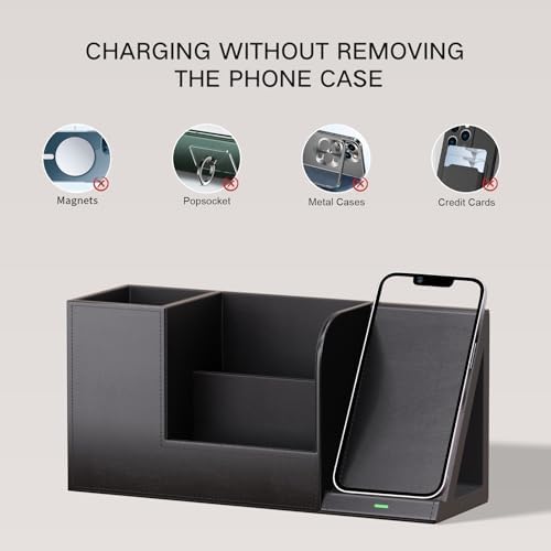 LADSTAG Pen Organizer with Phone Stand,Black Vegan Leather Desk Organizers with Remote Control Holder,Pencil Holder for Desk,Desk Organizer with Phone Charger for Office/Nightstand/Endtable - Image 5