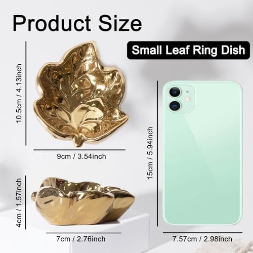 3.5' Golden Cute Leaves Ceramic Jewelry Tray for Dressing Table - Image 2