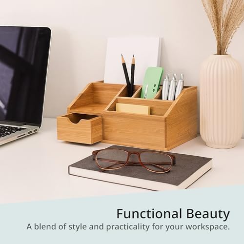 FLYGRUBS Thingles Bamboo Desk Organizer, Wood Pen Holder with Drawer, Storage Box, Pencil Box, Desk Tray for Office, Home Office - Wood Desk Organizer - Image 2