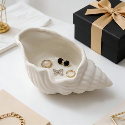 Conch Shape Ceramic Jewelry Tray, White Shell Trinket Dish, Ocean Themed Ring Earring Holder, Decorative Organizer for Rings, Earrings, Necklaces, Bracelets, Coastal Beach Home Decor (White Conch) - Image 6