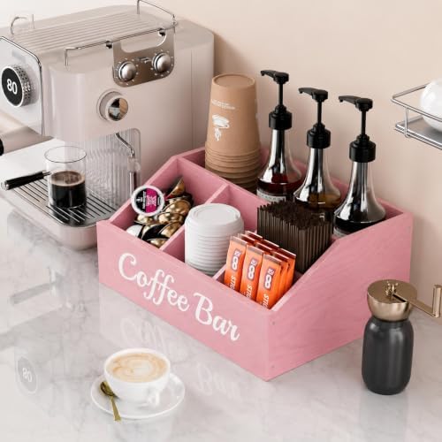 Coffee Station Organizer for Countertop – Wooden Coffee Bar Organizer with Adjustable Dividers,Holds K Cup Pod & syrup bottles, for Kitchen, Office, or Bar and Tea Station, Pink - Image 2