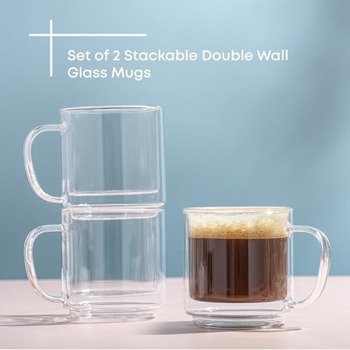 JoyJolt Haven Stackable Double Wall Glass Mugs, Set of 2 (13.5oz) Insulated Coffee Cups, Double Wall Glass Coffee Cups, Tea Cups, Latte Cups, Cappuccino Cups, Clear mugs set of 2 - Image 4
