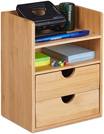 Relaxdays Desk Organiser, 2 Drawers & Shelves, Office Utensils, Bamboo Drawer Box, HBT 24 x 19 x 13 cm, Natural by Relaxdays