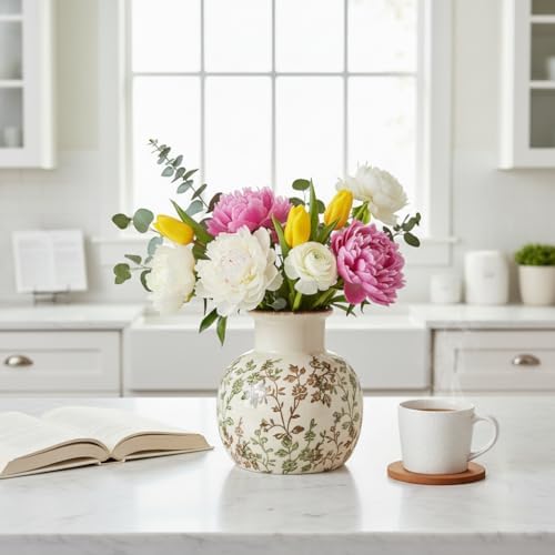 SIDUCAL Ceramic Green and Beige Antique Vase, 5.91 Inch Retro Ice Cracked Chinoiserie Floral Vase, Rustic Farmhouse Vases for Home Decor, Bookshelf, Office, Garden, Chinoiserie Decor, Tuscan Decor - Image 6