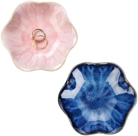 JAMEND CLXP 2PCS Lotus Leaf Shape Ring Holder Dish, Small Key Bowl, Ceramic Trinket Tray Jewelry Dish Organizing Necklace Earrings for Mom Friend Sister, All Jewelries Are NOT Included. Blue+Pink.… by JAMEND+CLXP