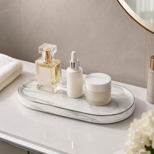 12.5" x 6" Oval Ceramic Vanity Tray, Light Gray Marble Bathroom Tray, Decorative Countertop Organizer for Cosmetics, Perfume, Jewelry, Candles, Kitchen Sink Soap Tray - Image 4