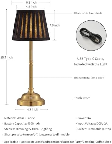KDG Gold Cordless LED Table Lamps Set of 2, Black Fabric Shade Desk Lamps - Image 5