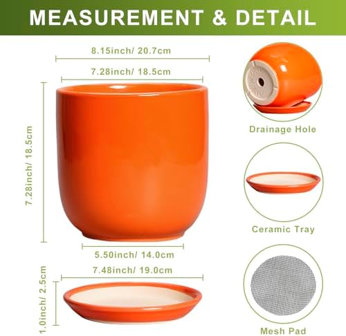 Ceramic Pot for Plants - 8 Inch Plant Pot with Drainage Hole and Saucer, Cylinder Modern Round Planter for Indoor Outdoor Plants, Housewarming Gifts, Office Home Garden Decor, Orange - Image 3