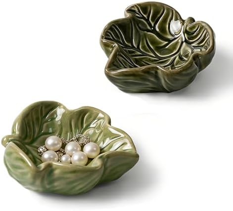 3.5' Green Leave Ceramic Jewelry Tray Set of 2 for Dressing Table by Zaposcca