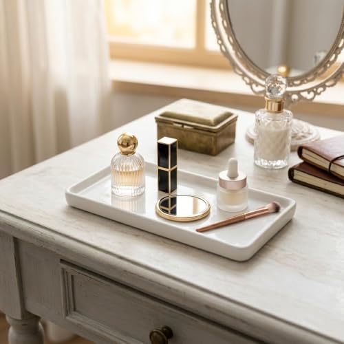 White Ceramic Vanity Tray (6.3" x 2.9") - Rectangular Trinket Dish for Jewelry, Keys & Soap, Multi-Scene Organizer for Bathroom, Kitchen, Entryway & Dresser, Modern Home Decor - Image 3