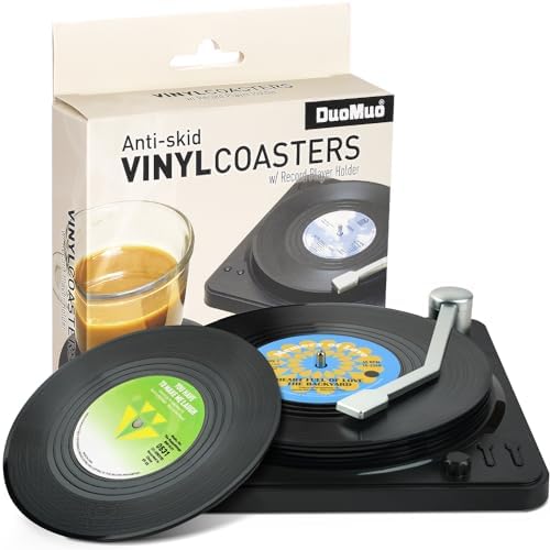 Funny Retro Record Coasters for Drinks with Vinyl Player Holder - Set of 6 Coaster White Elephant Gifts for Music Lovers, Conversation Piece Sayings,Housewarming Hostess Wedding Registry Gift Ideas by DuoMuo