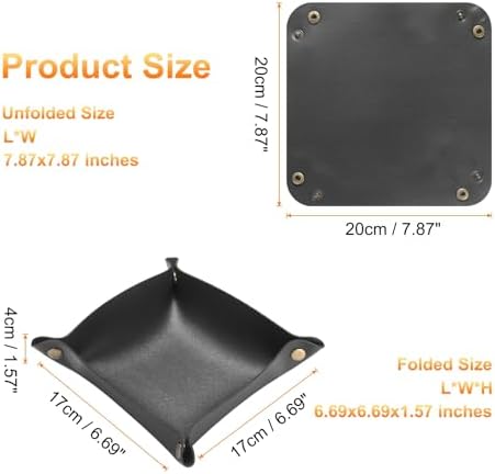 HARFINGTON PU Leather Valet Tray Unisex Folding Small Catchall Tray Portable Entryway Table Tray Nightstand Bedside Desk Tray for Key Wallet Watch Coin Jewelry Dice, Black - Image 2