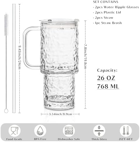 INSETLAN 24 oz Water Ripple Glass Tumbler with Handle and Lid, Set of 2 – Reusable Iced Coffee Cups with Lids, Clear Glass Cups with Straw for Coffee, Smoothies, Tea, Juice – Perfect for any Occasion - Image 2