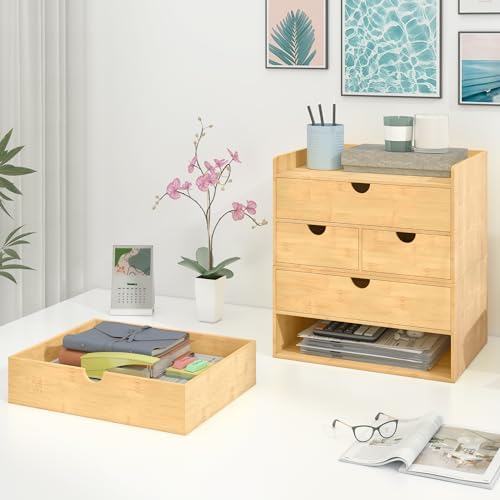 Bamboo Desk Drawer Organizer, Large Desktop Organizer with Drawers Tabletop Storage Organization Box for Office Home Toiletries Supplies Vanity, No Assembly Required (2 Drawer) - Image 6