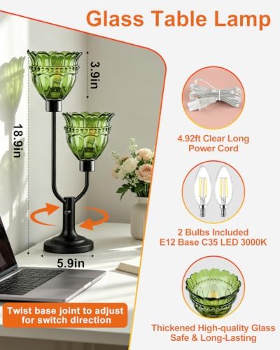 Lightdot Mid Century Modern Table Lamp Dimmable Vintage Green Glass Lamp - Image 6