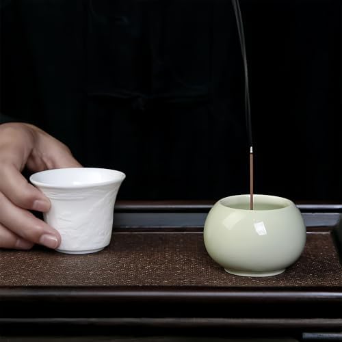 Celadon Glaze Ceramic Incense Burner Bowl, 2.2 Inch Zen Stick Incense Holder with Ash Catcher, Minimalist Tabletop Censer for Meditation Yoga Aromatherapy, Home Office Desk Decor - Image 5