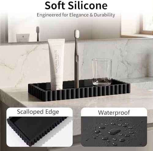 Bathroom Vanity Tray - 9.4''x3.9'' Silicone Bathroom Tray with Scalloped Edge, Counter Top Tray for Vanity Sink Countertop, Decorative Organizer for Cosmetics Jewelry, Rectangular, Black - Image 3