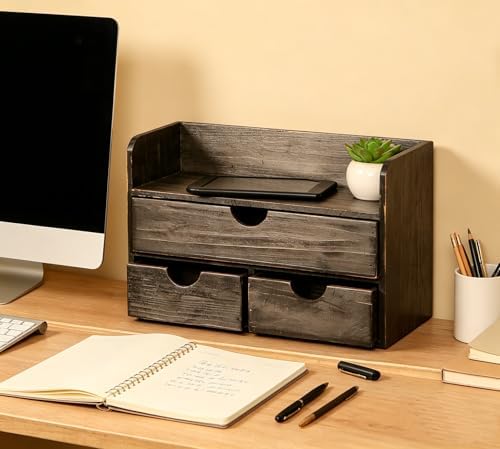 Vintage Rustic Wooden 3 Drawer with Shelf Office Desk Organizer & Mail Rack For Desktop,makeup holder Box for Office Home Toiletries Supplies Vanity, No Assembly Required (Rustic Black) - Image 3