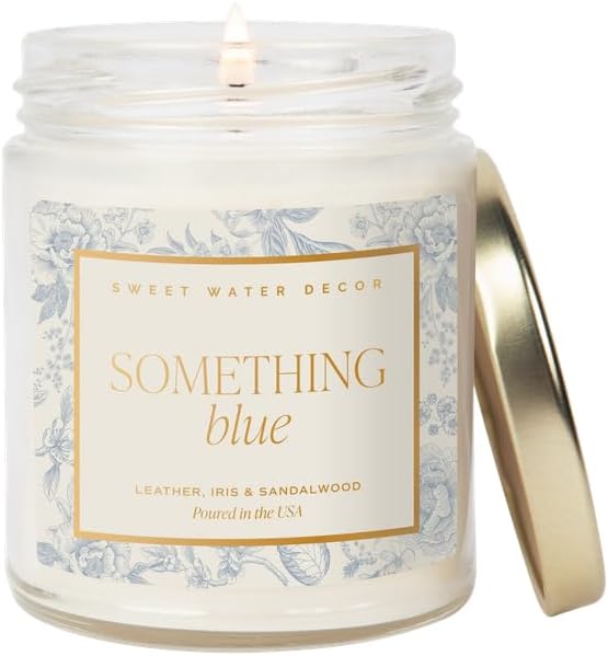 Sweet Water Decor Something Blue Wedding Candle, Non-Toxic Soy Wax, Blue Bows with Leather, Iris, and Sandalwood Scent for Relaxation, Gift for Bride, 40 Hours Burn Time - 9oz Gold Lid, Clear Jar