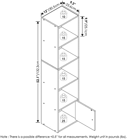 Furinno LUDER Book Shelf, 5-Tier Modern Bookshelf, Bookcase with 1 Door Storage Cabinet, 9.3 x 12 x 52, for Organization and Storage, for Living Room, Bedroom, Home Office, White - Image 3