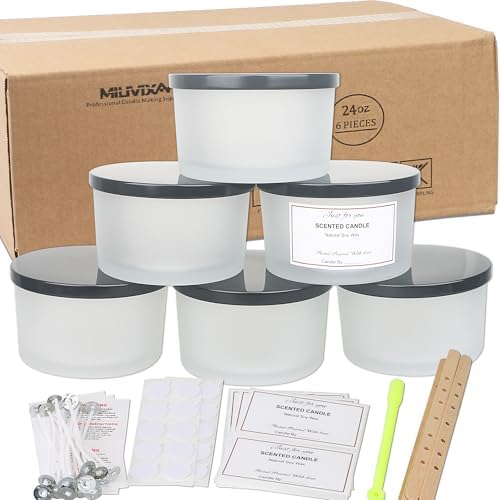 MILIVIXAY 6 Pack 24 oz Candle Jars with Metal Lids and Candle Making Kits - 3 Wick Candle Jar,Bulk Empty Frosted White Thick Glass Jars for Making Large Candles - Spice, Powder Containers by MILIVIXAY