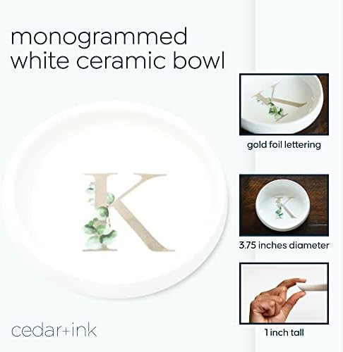 Trinket Tray Jewelry Dish with Monogrammed K in Gold Ring Holder - White Trinket Dish - Personalized Ring Dish or Jewelry Tray - Cedar & Ink (K) - Image 2