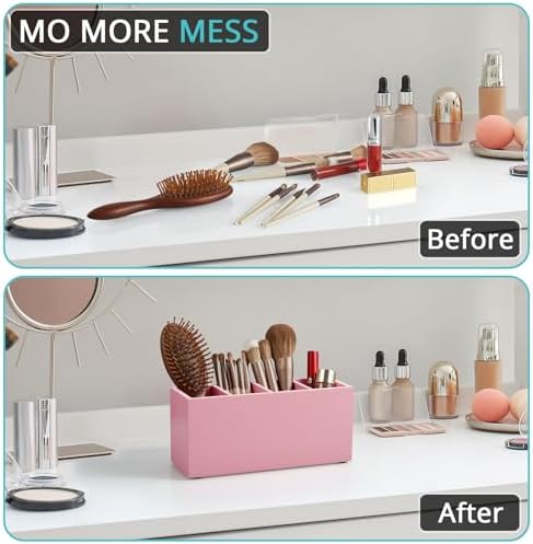 Bivvclaz Pencil Pen Holder for Desk, Wooden Office Desk Organizers and Accessories with 4 Slots for Countertop, Makeup Brush Holder Organizer for Bathroom Vanity, Silverware Caddy for Party, Pink - Image 3