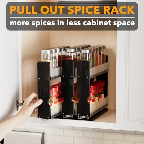 SpaceAid Bamboo Pull Out Spice Rack Organizer for Cabinet, Heavy Duty Slide Out Seasoning Kitchen Pantry Sliding Vertical Organization, 7.6" Wide, 3 Drawers(2" Wide), 2-Tier, Black - Image 5