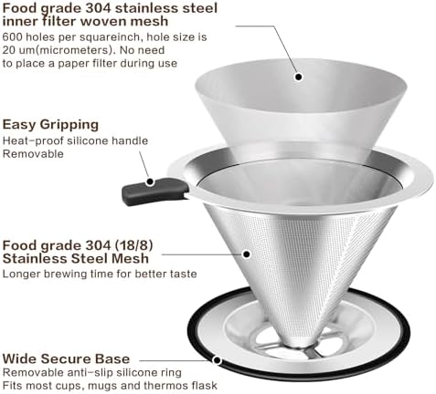 Large Size Pour Over Coffee Dripper, Stainless Steel Coffee Filter, Paperless Reusable Coffee Filter, Double Micromesh 600 Mesh Strainer Coffee Maker with Heat-Resistant Silicone Handle & Base - Image 4