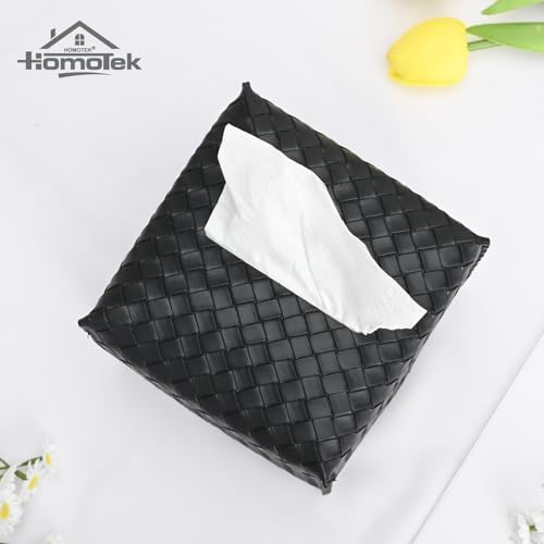 HOMOTEK 1 Pack Tissue Box Cover, Square PU Leather Tissue Holder, Decorative Facial Tissue Cube Paper Organizer Dispenser for Bathroom, Night Stands, Desk, Car 5X5X5'' - Woven Waffle,Dark Black - Image 2