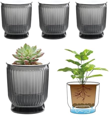 T4U Self Watering Pots for Indoor Plants 4 Inch 4 Pack Planter Gray by T4U
