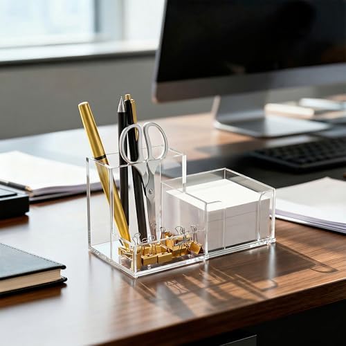 HBlife 2-Pack Acrylic Pen Holder for Desk, 3-Compartment Small Desk Organizer, Clear Office Supplies Desk Accessories with Sticky Notes Holder Stores Post It Notes 3X3 for Office, Home and School - Image 6