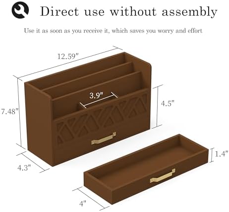 Bamboo Mail Organizer Countertop Pen Holder Wooden Desktop Storage Drawers - Image 2