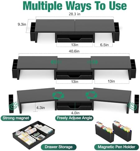 OPNICE Desk Organizer and Accessories, Computer Monitor Stand Riser with Drawer and 2 Pen Holders, Laptop Stand, Office Desk Accessories for Office Supplies, Black - Image 2