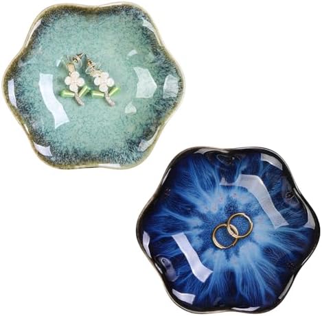 WHJY 2 Pack Ceramic Jewelry Dish 4.3 Inch Ring Holder for Women Decorative Lotus Flower Trinket Tray for Room Decor Green and Blue Vanity Storage for Ring Earring Necklace by WHJY