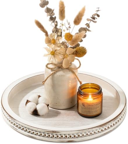 Hanobe Decorative Tray for Coffee Table: 11.8" Round Whitewashed Wood Tray for Rustic Farmhouse Living Room Kitchen Island Entryway Home Decor by Hanobe