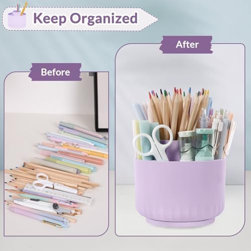 SKYDUE 360 Degree Rotating Desk Organizer, Dual-Purpose Pencil Pen Holder for Desktop, Rotating Desk Pen Organizer with 5 Slots Purple - Image 4