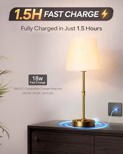 EppieBasic Cordless Table Lamp Rechargeable: Fast Charging & Long Lasting - 2700K Warm Light Small Vintage Gold Side Table Lamps - Dinning Living Room Bedroom - Linen Shade - Image 3