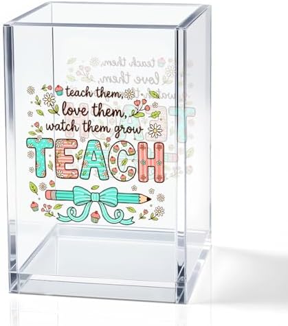 Teach Them Love Them Watch Them Acrylic Cosmetic Pencil Holder Cup, Floral Books Pen Holder for Home Office Desk Accessories for Teacher, Pen Organizer, Funny Teacher Work Gifts, Teach Present by QYUVK